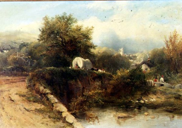 A covered waggon crossing a bridge with a village beyond