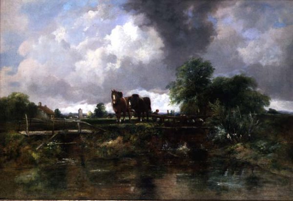 Wooded river landscape with horses working a lock